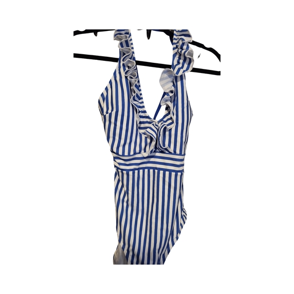 1 NWOT Cupshe Blue/White Striped RuffleOne Piece Swimsuit with Plunging V-Neck - Picture 6 of 10